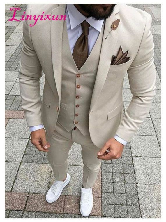 TOPGH Men's 3 PCS Suit Notch Lapel Solid Wedding Work Slim Tuxedo Fit Suit  Blazer Vest Pants Suits Beige 34 at Amazon Men's Clothing store